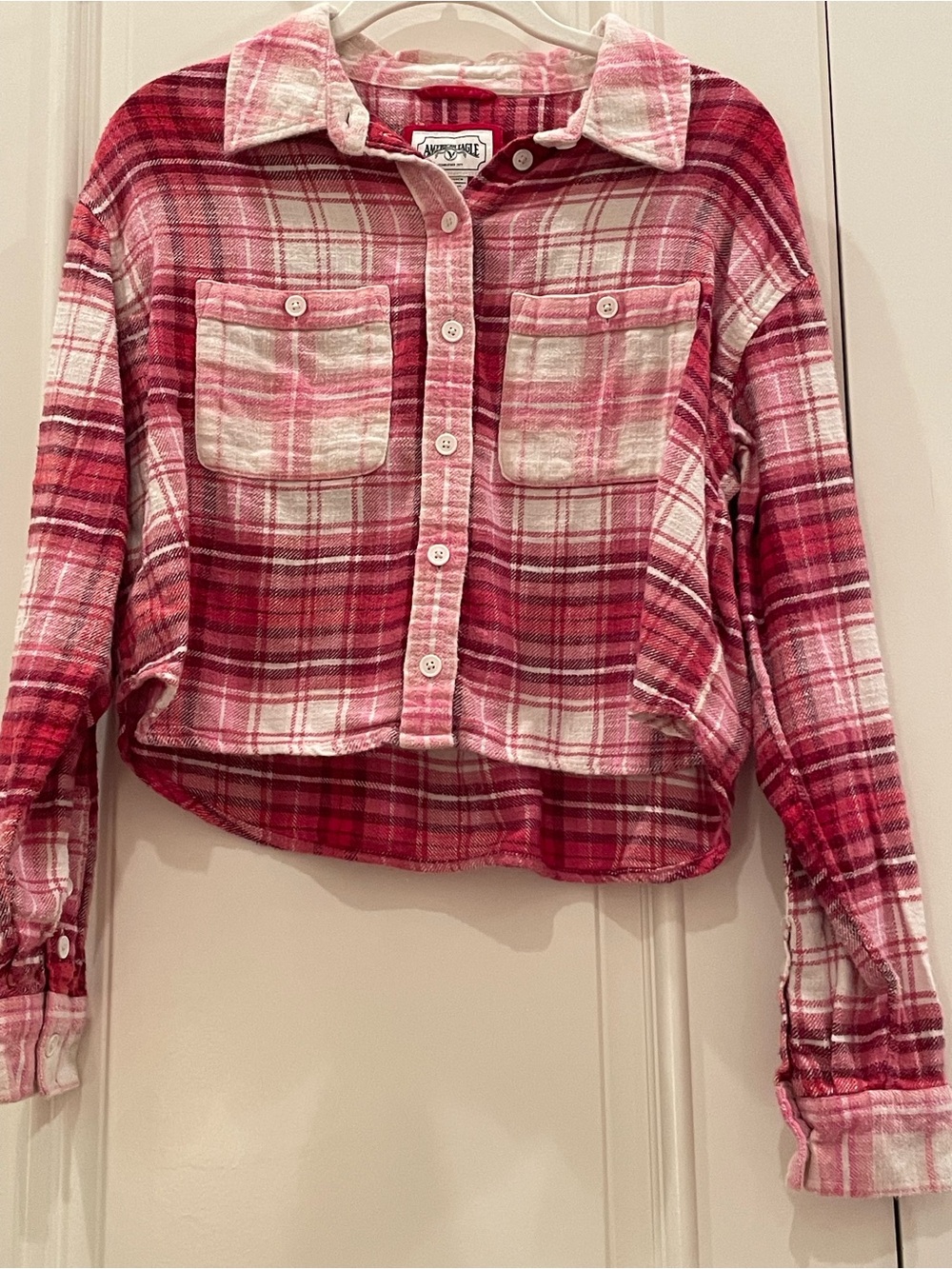 American Eagle Pink & Red Plaid Button-Up Flannel